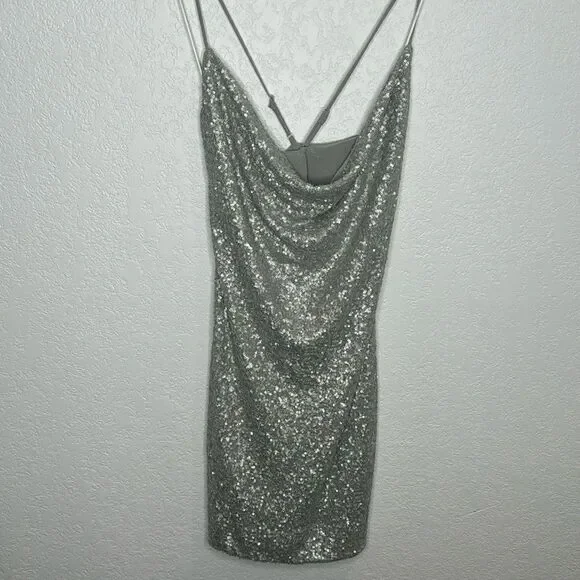 NWT Susana Monaco Sequin Cowl Neck Mini Dress Silver Large - Picture 2 of 13